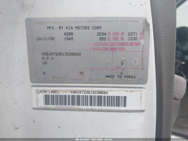 2001 Kia Sportage მანქანა იყიდება აუქციონზე, vin: KNDJA723615038693, აუქციონის ნომერი: 45134447
