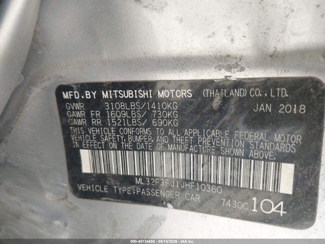 Aukcja sprzedaży 2018 Mitsubishi Mirage G4 Es, vin: ML32F3FJ1JHF10360, numer aukcji: 45134450