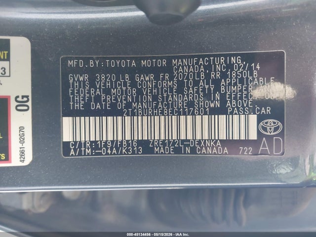 Aukcja sprzedaży 2014 Toyota Corolla Le, vin: 2T1BURHE8EC117601, numer aukcji: 45134456