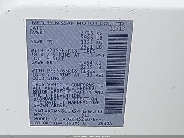 Продажа на аукционе авто 2014 Nissan Pathfinder Sl, vin: 5N1AR2MN8EC646920, номер лота: 45134457