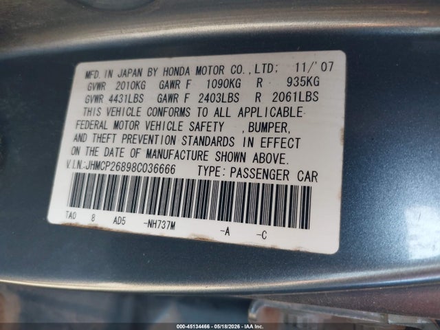 Aukcja sprzedaży 2008 Honda Accord 2.4 Ex-l, vin: JHMCP26898C036666, numer aukcji: 45134466