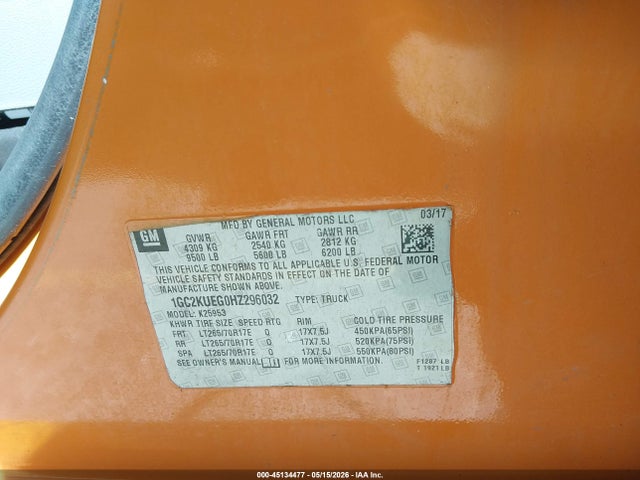 45134477 :رقم المزاد ، 1GC2KUEG0HZ296032 vin ، 2017 Chevrolet Silverado 2500hd Wt مزاد بيع
