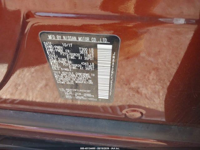 45134480 :رقم المزاد ، JN8AY2NFXJ9332387 vin ، 2018 Nissan Armada Platinum مزاد بيع