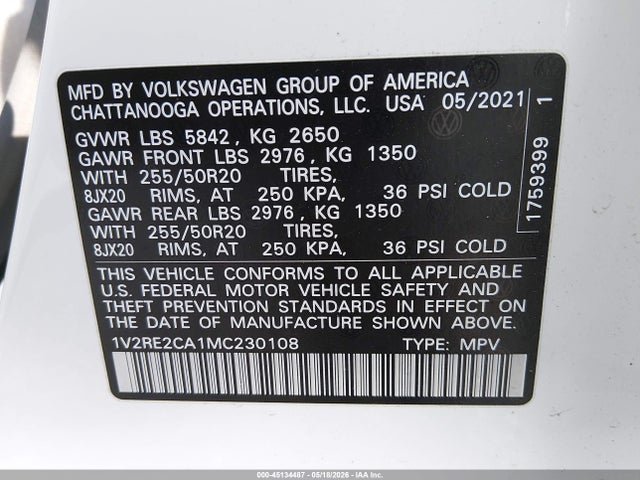 Продаж на аукціоні авто 2021 Volkswagen Atlas Cross Sport 3.6l V6 Se W/technology R-line, vin: 1V2RE2CA1MC230108, номер лоту: 45134487