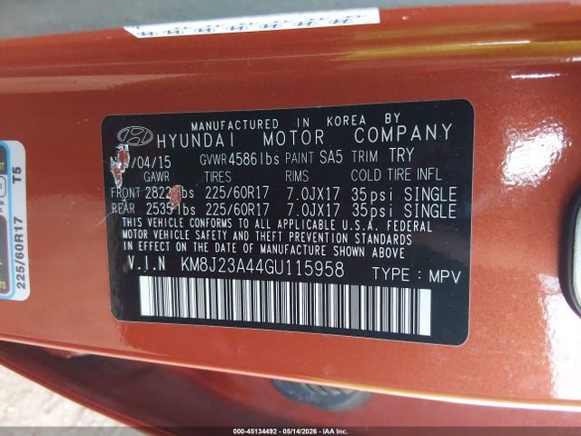 45134492 :رقم المزاد ، KM8J23A44GU115958 vin ، 2016 Hyundai Tucson Se مزاد بيع