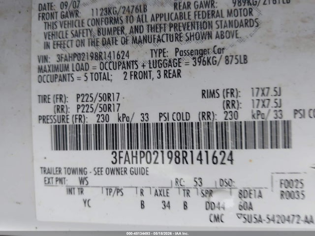 Aukcja sprzedaży 2008 Ford Fusion Sel, vin: 3FAHP02198R141624, numer aukcji: 45134493