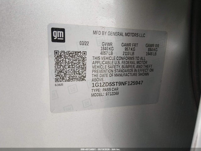 1G1ZD5ST9NF125947 Chevrolet Malibu Fwd Lt