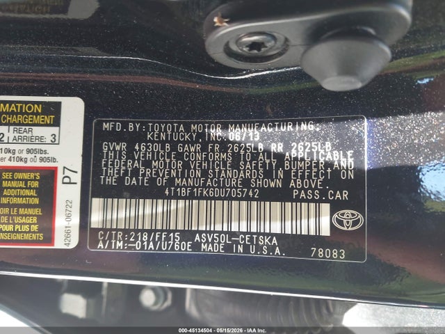 45134504 :رقم المزاد ، 4T1BF1FK6DU705742 vin ، 2013 Toyota Camry Se مزاد بيع