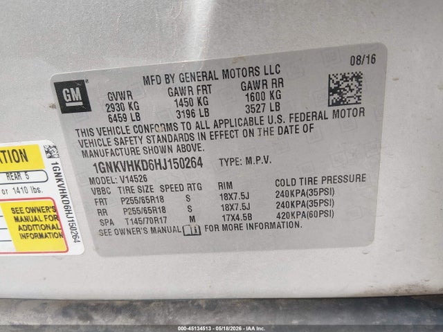 1GNKVHKD6HJ150264 Chevrolet Traverse 2lt
