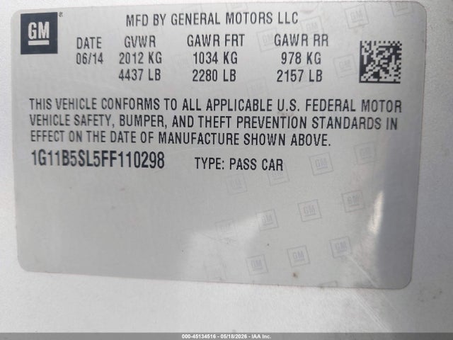 Продажа на аукционе авто 2015 Chevrolet Malibu Ls, vin: 1G11B5SL5FF110298, номер лота: 45134516