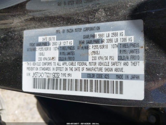 Aukcja sprzedaży 2016 Mazda Cx-9 Touring, vin: JM3TCACY7G0119032, numer aukcji: 45134517