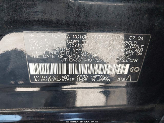 Aukcja sprzedaży 2004 Lexus Ls 430, vin: JTHBN36F940172748, numer aukcji: 45134524