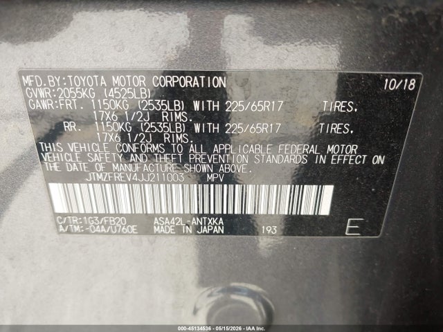 45134536 :رقم المزاد ، JTMZFREV4JJ211003 vin ، 2018 Toyota Rav4 Le مزاد بيع