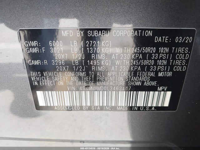 Subaru Ascent Limited 2020 4S4WMAMD0L3463417 Image 9