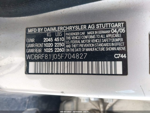 45134547 :رقم المزاد ، WDBRF81J05F704827 vin ، 2005 Mercedes-benz C 240 Luxury 4matic مزاد بيع