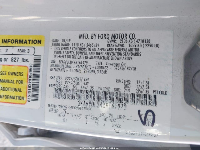 Aukcja sprzedaży 2019 Ford Fusion Hybrid Se, vin: 3FA6P0LU4KR161979, numer aukcji: 45134549