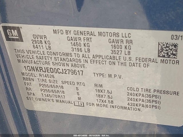 Aukcja sprzedaży 2012 Chevrolet Traverse 2lt, vin: 1GNKRJED0CJ279617, numer aukcji: 45134550