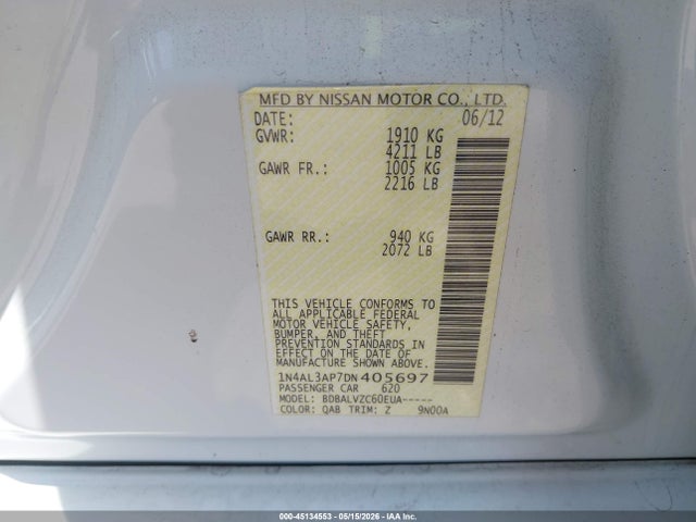 45134553 :رقم المزاد ، 1N4AL3AP7DN405697 vin ، 2013 Nissan Altima 2.5 Sl مزاد بيع