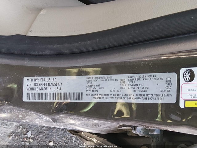 2020 Ram 1500 Big Horn  4x4 5'7 Box მანქანა იყიდება აუქციონზე, vin: 1C6SRFFT1LN358774, აუქციონის ნომერი: 45134559