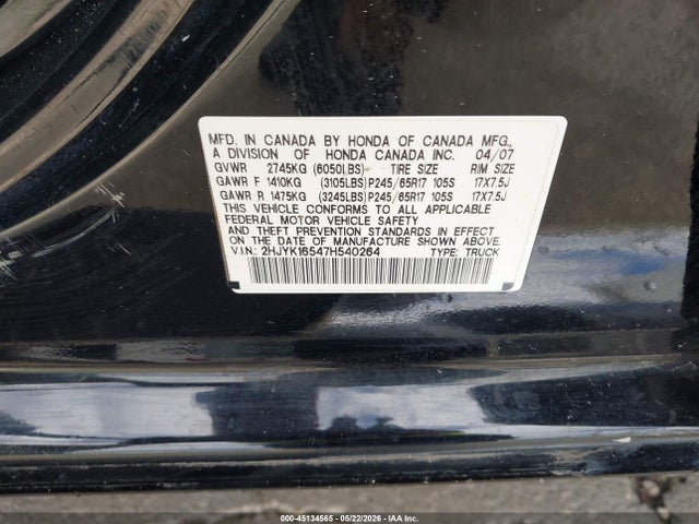 Aukcja sprzedaży 2007 Honda Ridgeline Rtl, vin: 2HJYK16547H540264, numer aukcji: 45134565
