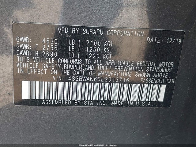2020 Subaru Legacy Limited მანქანა იყიდება აუქციონზე, vin: 4S3BWAN60L3013716, აუქციონის ნომერი: 45134567