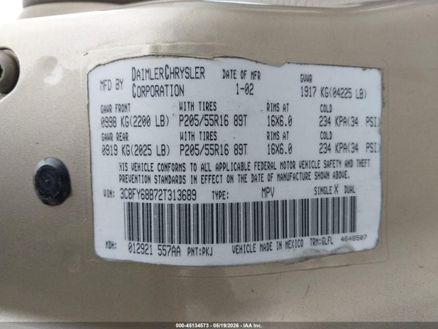 Aukcja sprzedaży 2002 Chrysler Pt Cruiser Limited, vin: 3C8FY68B72T313689, numer aukcji: 45134573