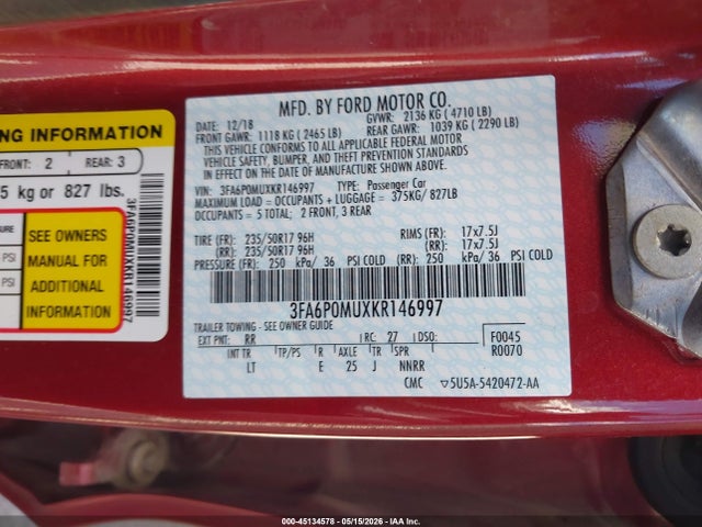 Продажа на аукционе авто 2019 Ford Fusion Hybrid Sel, vin: 3FA6P0MUXKR146997, номер лота: 45134578