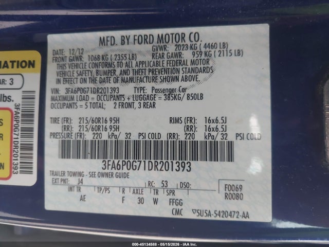 45134588 :رقم المزاد ، 3FA6P0G71DR201393 vin ، 2013 Ford Fusion S مزاد بيع