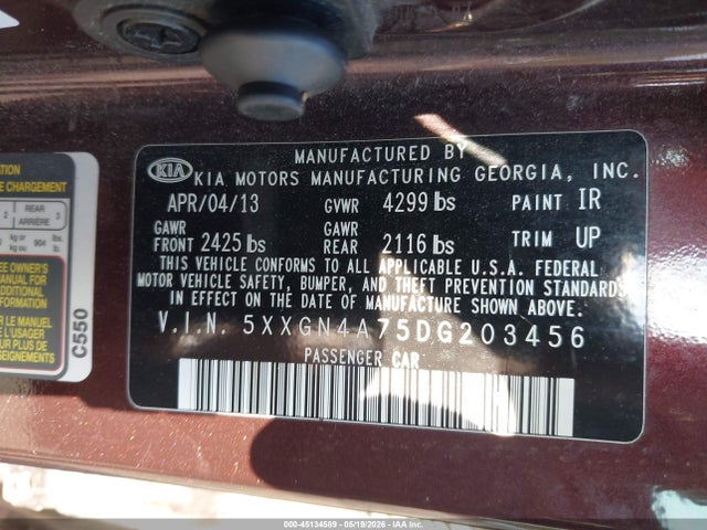 45134589 :رقم المزاد ، 5XXGN4A75DG203456 vin ، 2013 Kia Optima Ex مزاد بيع