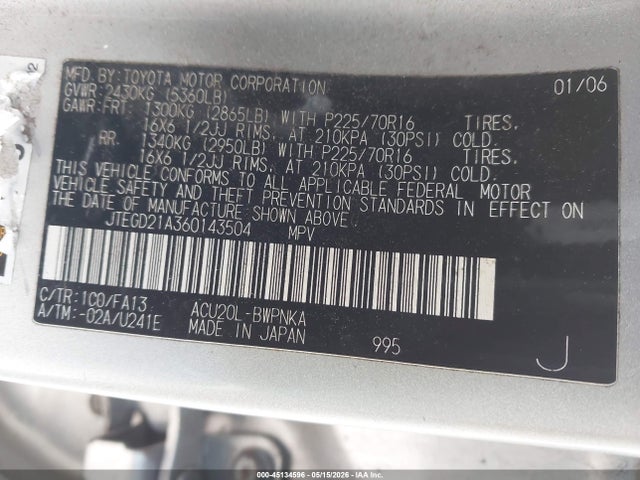 45134596 :رقم المزاد ، JTEGD21A360143504 vin ، 2006 Toyota Highlander مزاد بيع