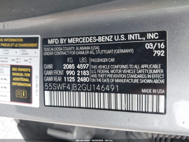 2016 Mercedes-benz C 300 Sport მანქანა იყიდება აუქციონზე, vin: 55SWF4JB2GU146491, აუქციონის ნომერი: 45134597