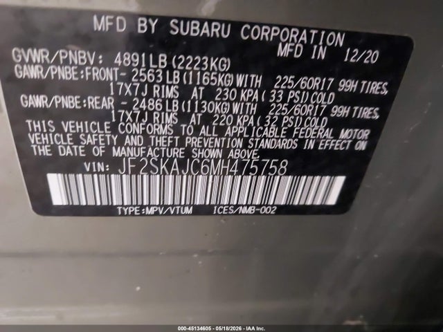 Auction sale of the 2021 Subaru Forester Premium, vin: JF2SKAJC6MH475758, lot number: 45134605