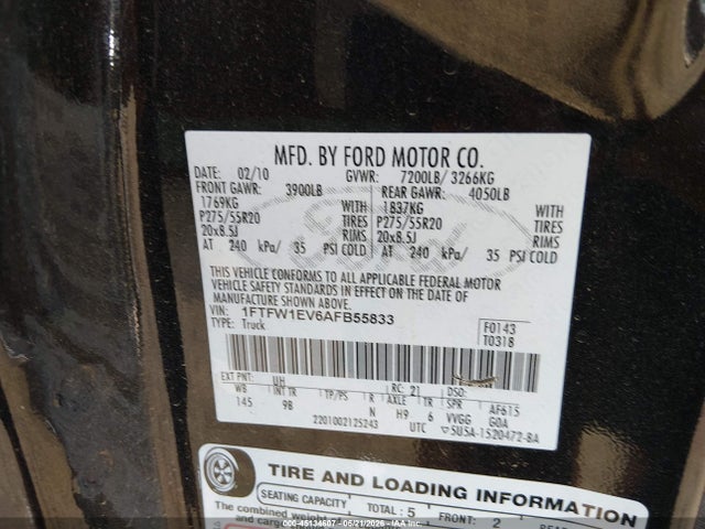 Продажа на аукционе авто 2010 Ford F-150 Fx4/harley-davidson/king Ranch/lariat/platinum/xl/xlt, vin: 1FTFW1EV6AFB55833, номер лота: 45134607