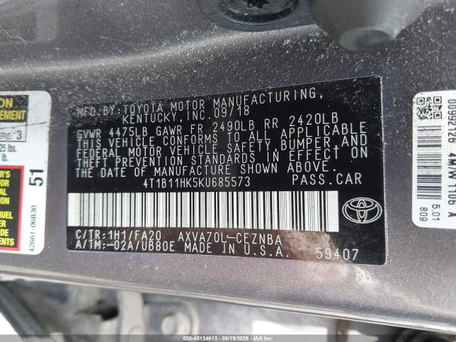 2019 Toyota Camry Le მანქანა იყიდება აუქციონზე, vin: 4T1B11HK5KU685573, აუქციონის ნომერი: 45134613