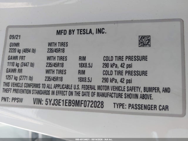 Aukcja sprzedaży 2021 Tesla Model 3 Long Range, vin: 5YJ3E1EB9MF072028, numer aukcji: 45134621