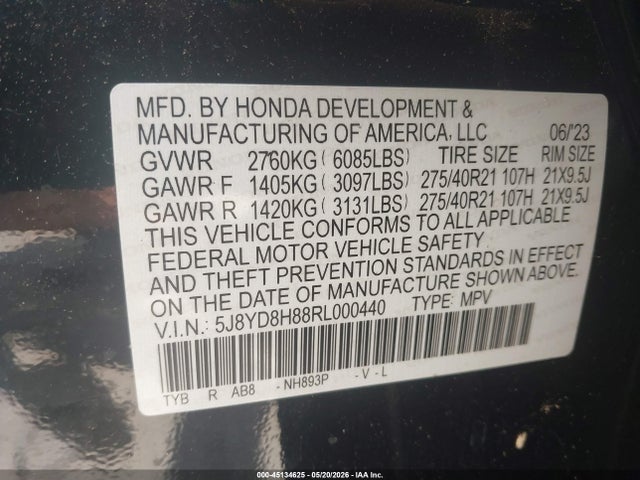 45134625 :رقم المزاد ، 5J8YD8H88RL000440 vin ، 2024 Acura Mdx Type S Advance Package مزاد بيع