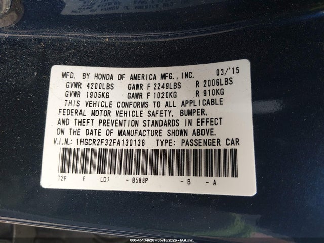 2015 Honda Accord Lx მანქანა იყიდება აუქციონზე, vin: 1HGCR2F32FA130138, აუქციონის ნომერი: 45134626
