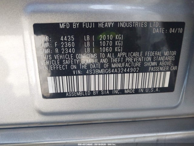 Продаж на аукціоні авто 2010 Subaru Legacy 2.5i Premium, vin: 4S3BMBG64A3244902, номер лоту: 45134640