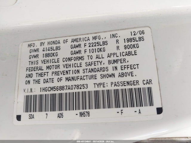 2007 Honda Accord 2.4 Ex მანქანა იყიდება აუქციონზე, vin: 1HGCM56887A078253, აუქციონის ნომერი: 45134641