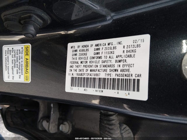 45134653 :رقم المزاد ، 19UUB2F72FA018967 vin ، 2015 Acura Tlx V6 Advance مزاد بيع