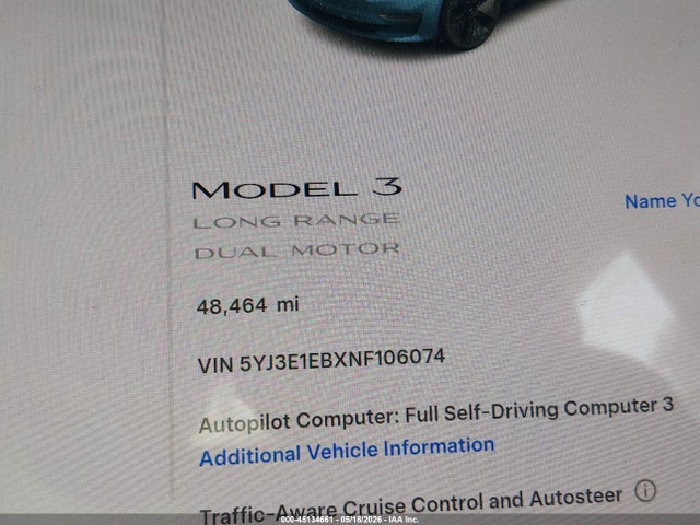 Продажа на аукционе авто 2022 Tesla Model 3 Long Range Dual Motor All-wheel Drive, vin: 5YJ3E1EBXNF106074, номер лота: 45134661