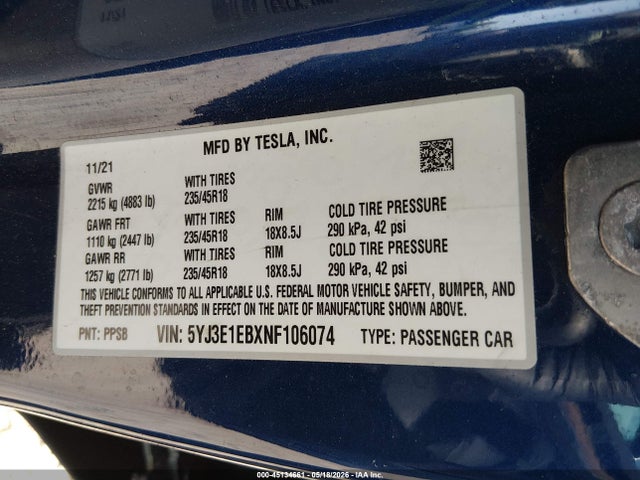 Продажа на аукционе авто 2022 Tesla Model 3 Long Range Dual Motor All-wheel Drive, vin: 5YJ3E1EBXNF106074, номер лота: 45134661