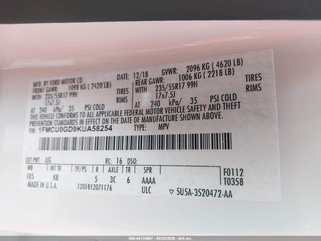 2019 Ford Escape Se მანქანა იყიდება აუქციონზე, vin: 1FMCU0GD9KUA58254, აუქციონის ნომერი: 45134667