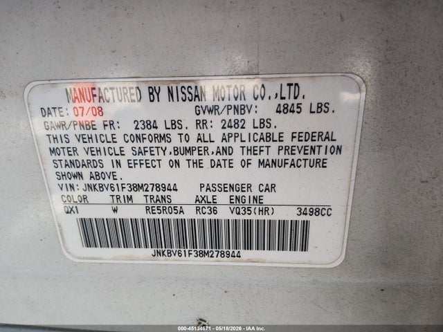 Продаж на аукціоні авто 2008 Infiniti G35x, vin: JNKBV61F38M278944, номер лоту: 45134671