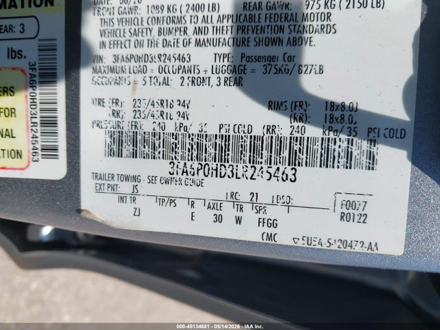 45134681 :رقم المزاد ، 3FA6P0HD3LR245463 vin ، 2020 Ford Fusion Se مزاد بيع