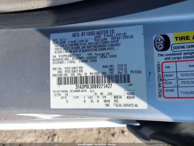 Aukcja sprzedaży 2011 Ford Fusion Hybrid, vin: 3FADP0L30BR275427, numer aukcji: 45134694