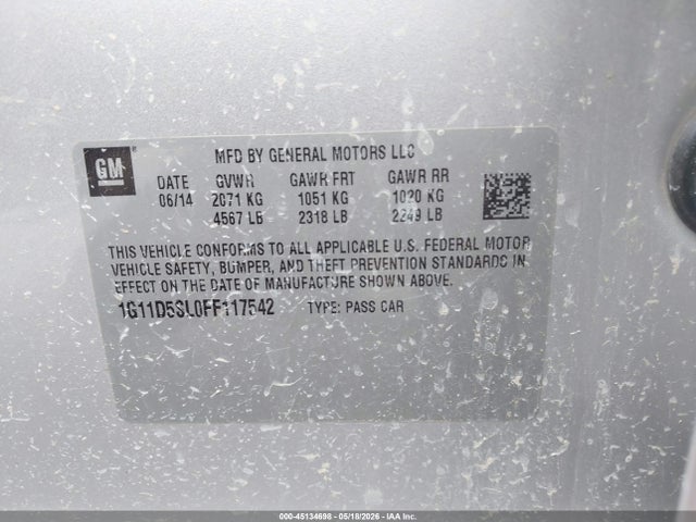 45134698 :رقم المزاد ، 1G11D5SL0FF117542 vin ، 2015 Chevrolet Malibu 2lt مزاد بيع