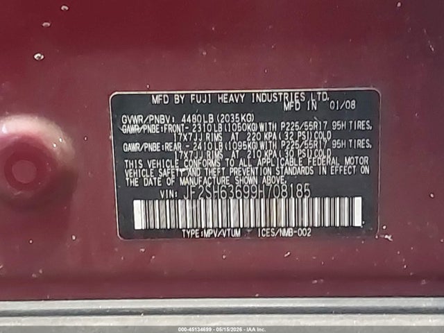 Продажа на аукционе авто 2009 Subaru Forester 2.5x, vin: JF2SH63699H708185, номер лота: 45134699