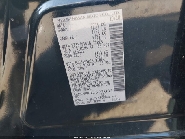 45134702 :رقم المزاد ، 5N1DL0MM1KC523031 vin ، 2019 Infiniti Qx60 Luxe مزاد بيع