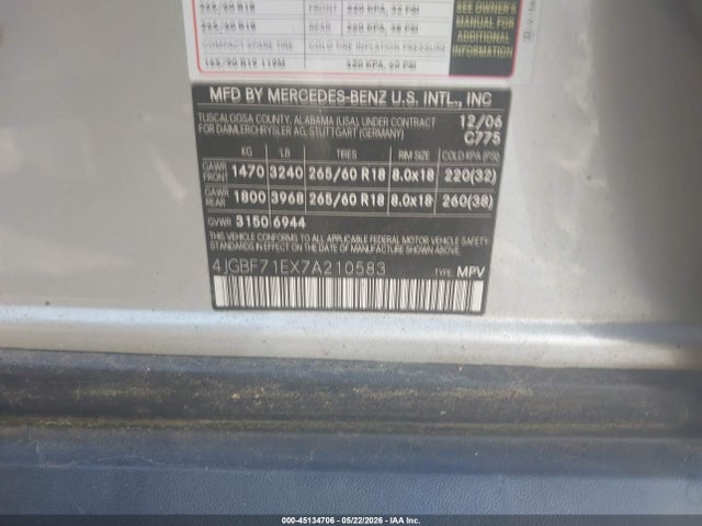45134706 :رقم المزاد ، 4JGBF71EX7A210583 vin ، 2007 Mercedes-benz Gl 450 4matic مزاد بيع